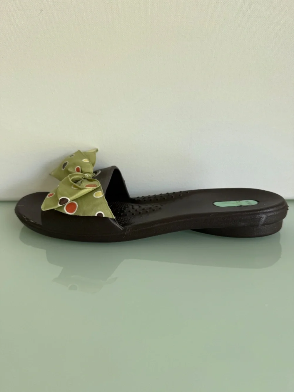 Okabashi Brown Slide Sandals Green Bow Polka Dot Open Toe Slip On Size M